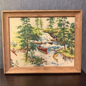 Vintage Fishing Cabin Wall Art Puffy Textured Cotton Tapestry Rustic Wood Frame